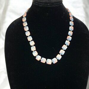 Vintage Pastel Blue & Pink Mosaic Square Bead Necklace Gold-Tone Clasp 22"L